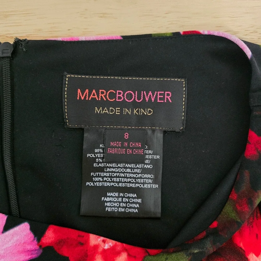 MARC BOUWER Floral Fit Flare Dress Black Red Pink Short Sleeve Size 8‎
